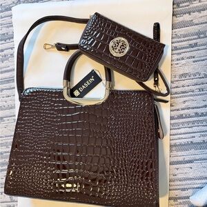 Dasein Dark Brown Crocodile Embossed Satchel and Wallet Set
